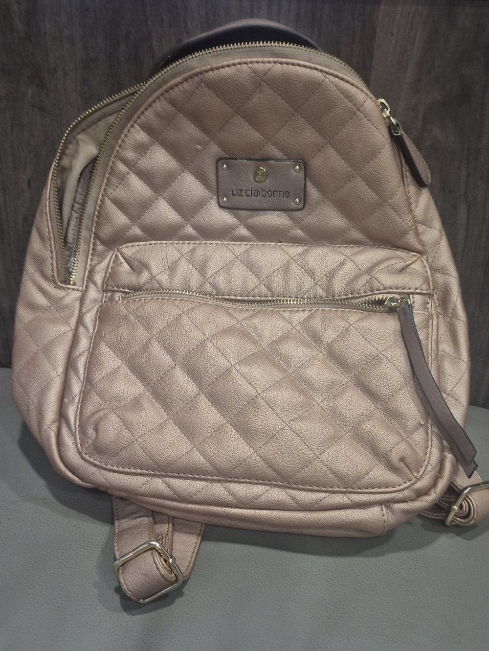 Liz Claiborne Quilted Taupe Mini Backpack with Gold Hardware